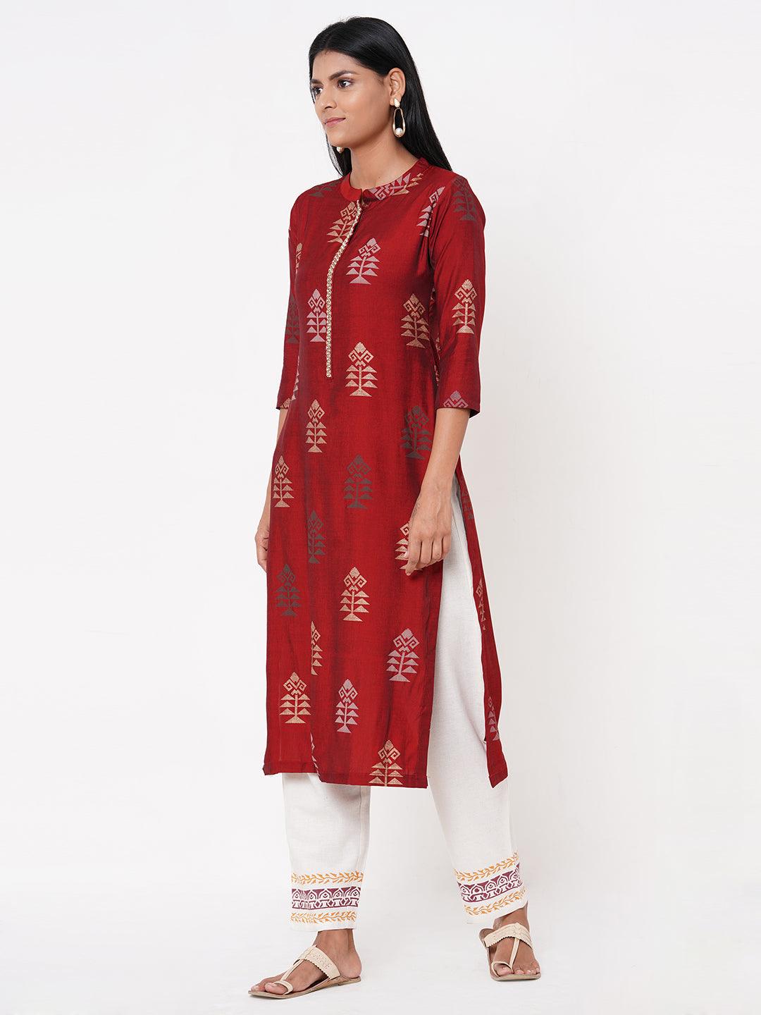 Ethnic Foil Printed Straight Kurta - Maroon - Indiakreations