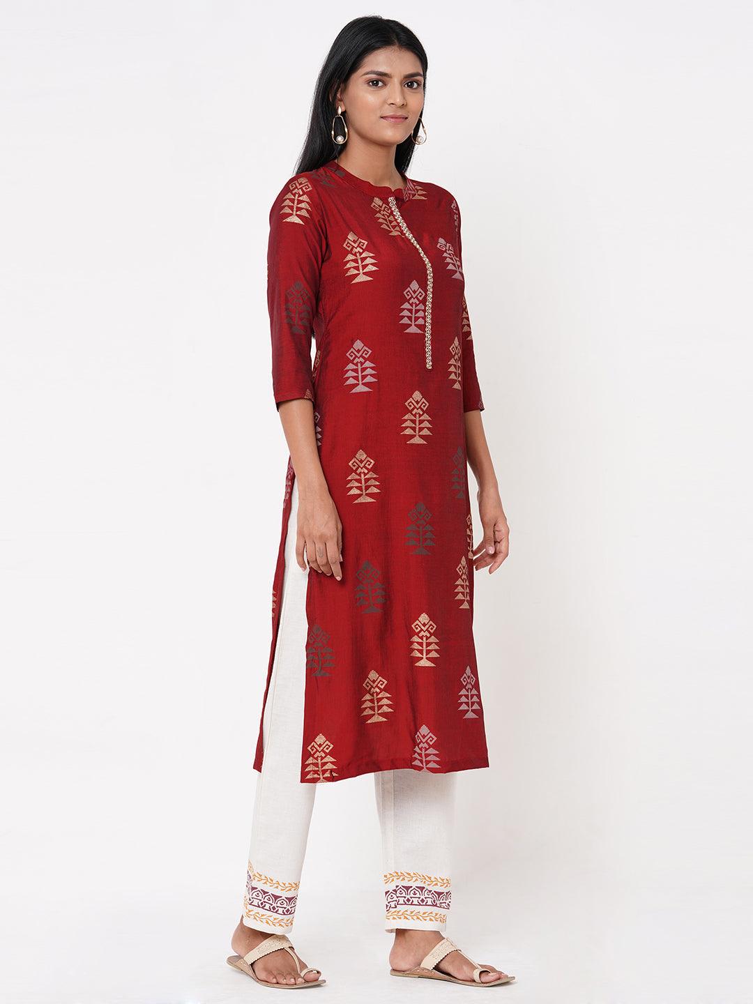 Ethnic Foil Printed Straight Kurta - Maroon - Indiakreations