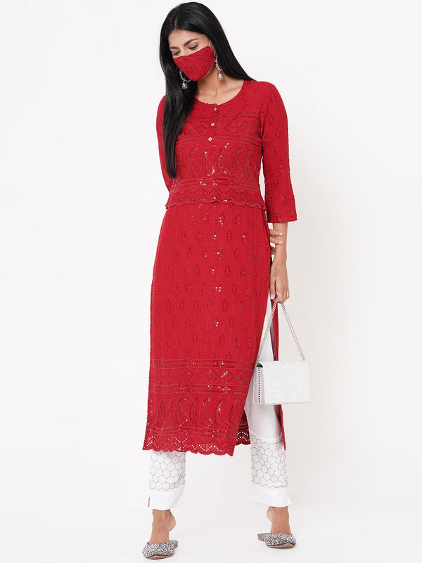 Chikankari Embroidered Straight Kurta with 2-Ply Mask - Maroon - Indiakreations