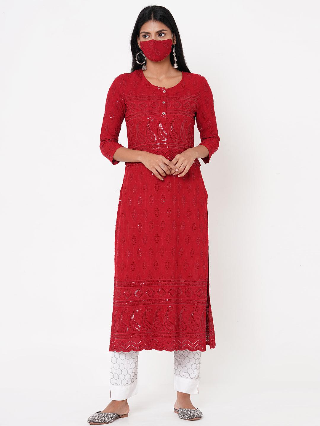 Chikankari Embroidered Straight Kurta with 2-Ply Mask - Maroon - Indiakreations