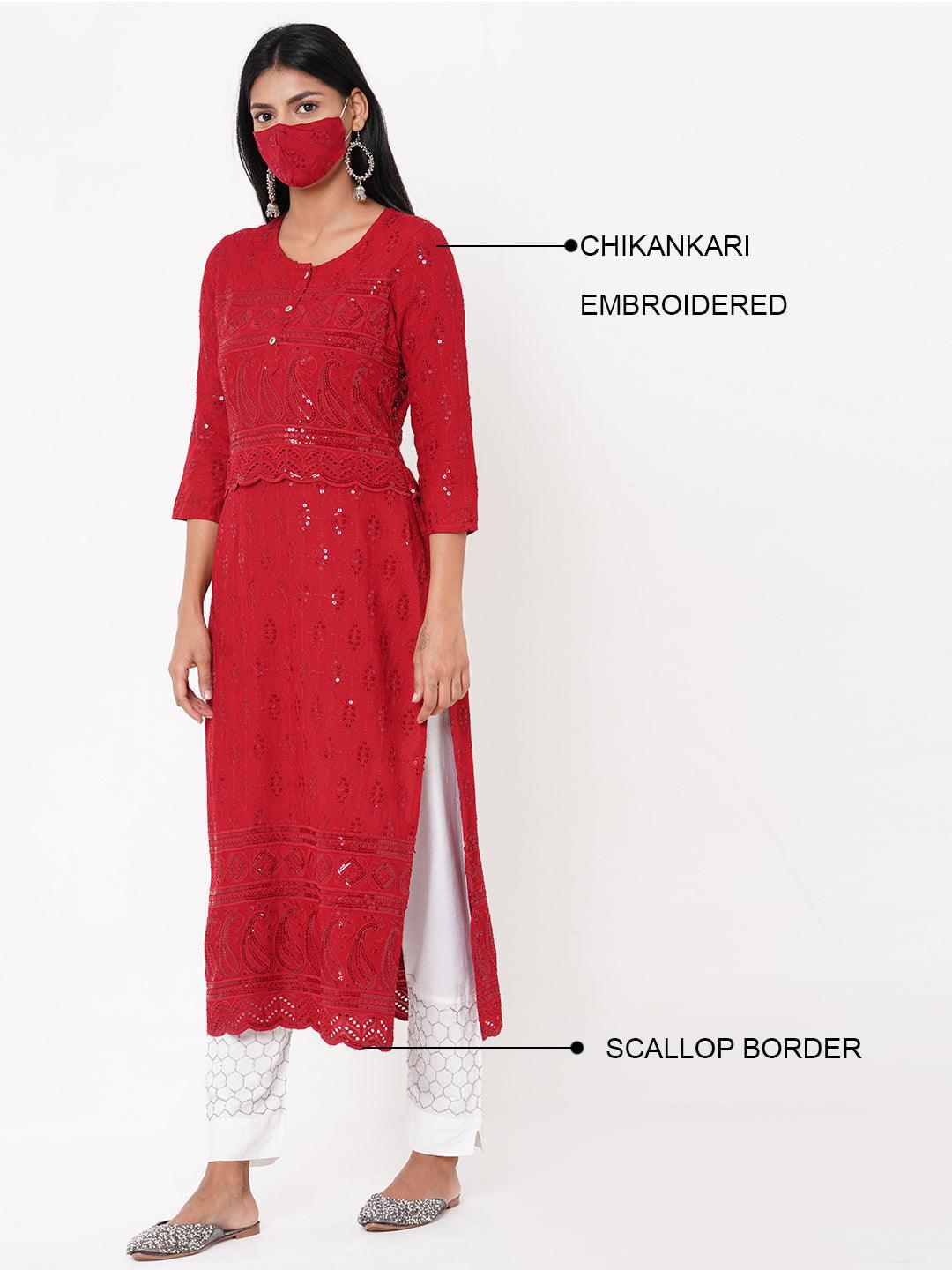 Chikankari Embroidered Straight Kurta with 2-Ply Mask - Maroon - Indiakreations