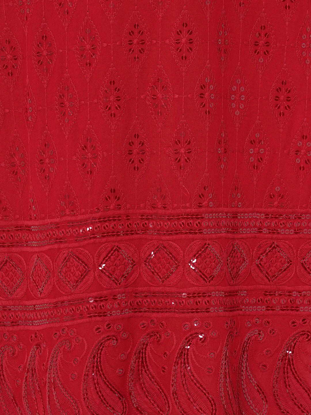 Chikankari Embroidered Straight Kurta with 2-Ply Mask - Maroon - Indiakreations