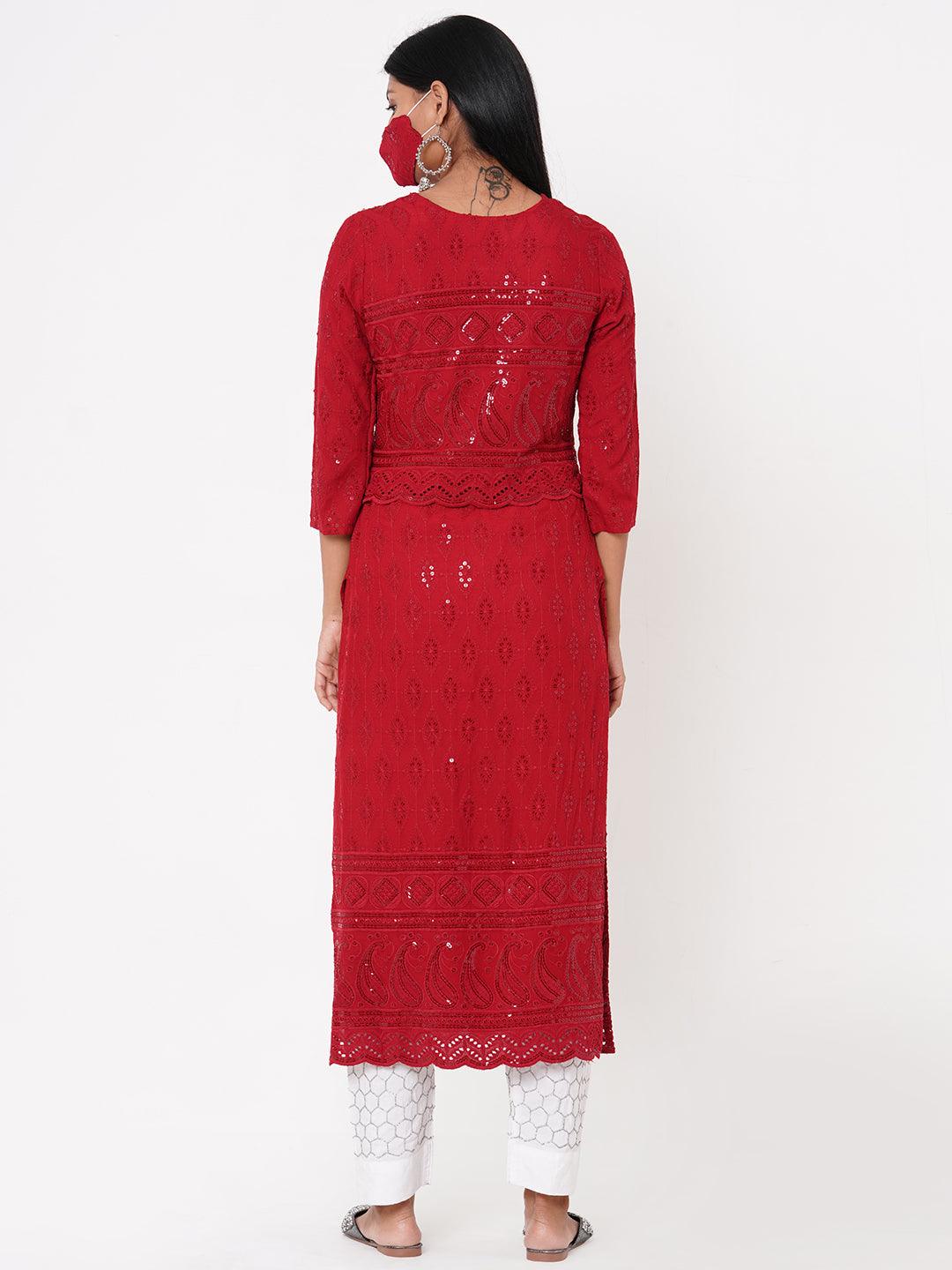 Chikankari Embroidered Straight Kurta with 2-Ply Mask - Maroon - Indiakreations