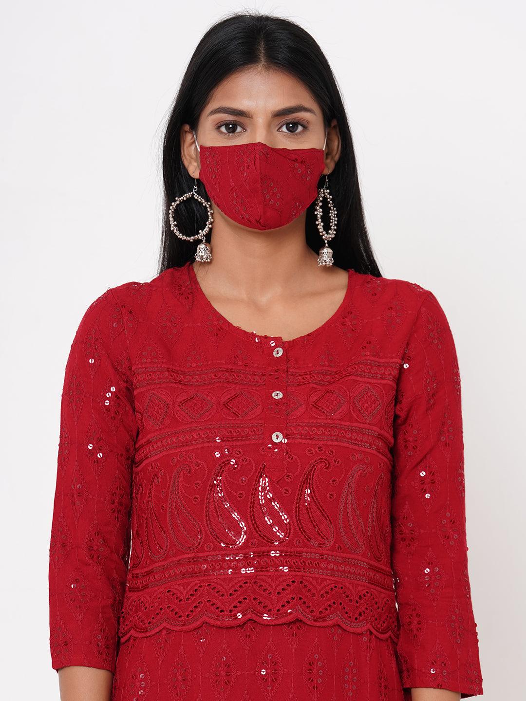 Chikankari Embroidered Straight Kurta with 2-Ply Mask - Maroon - Indiakreations