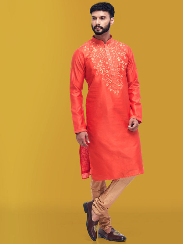 Neon Orange Solid Kurta with Golden Floral Motifs