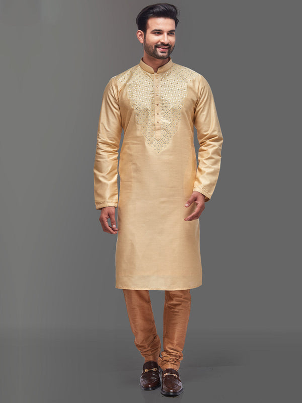 Men Gold-Toned Cotton Silk Kurta with Embroidery