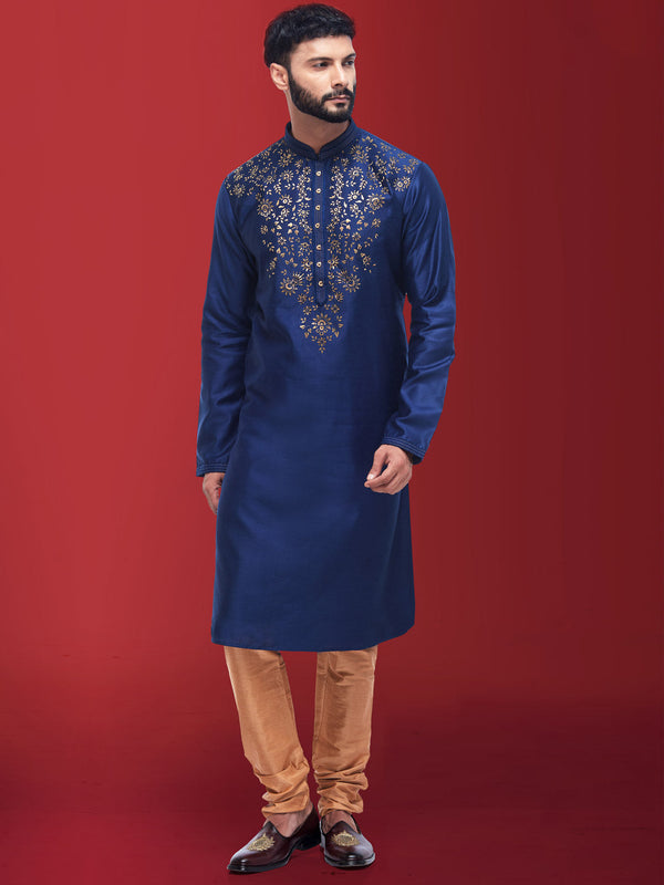 Shining Royal Blue Kurta in Cotton Silk for Men