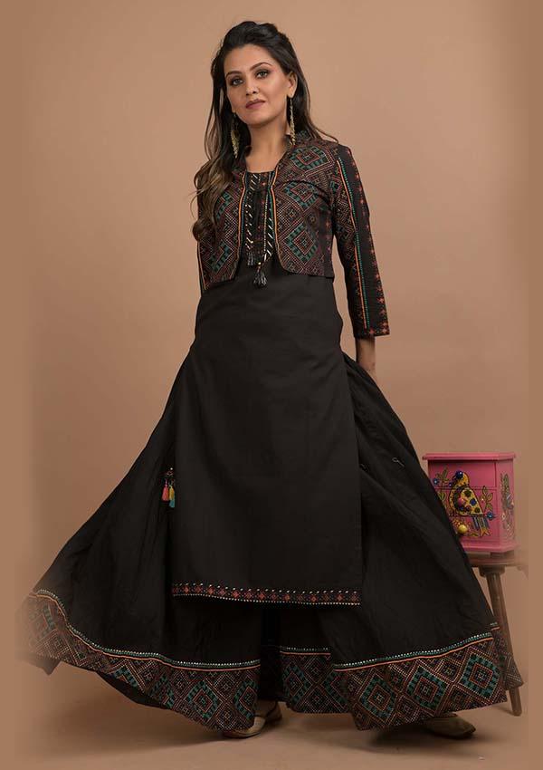 Black Ethnic Jacket Kurta Sharara Set - Indiakreations