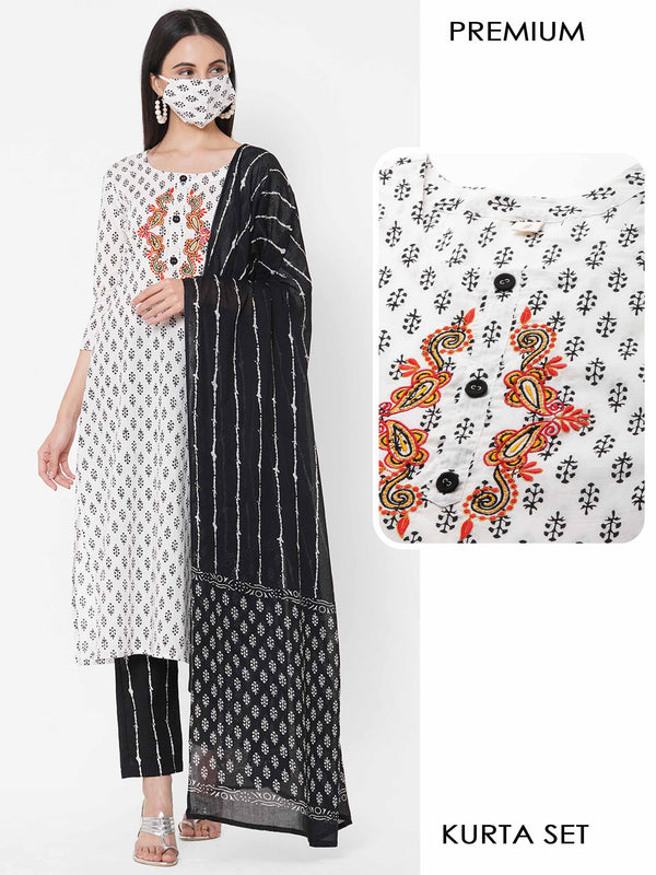 Ethnic Floral Printed Kurta, Striped Pant With Printed Dupatta & 2-Ply Mask - White - Indiakreations