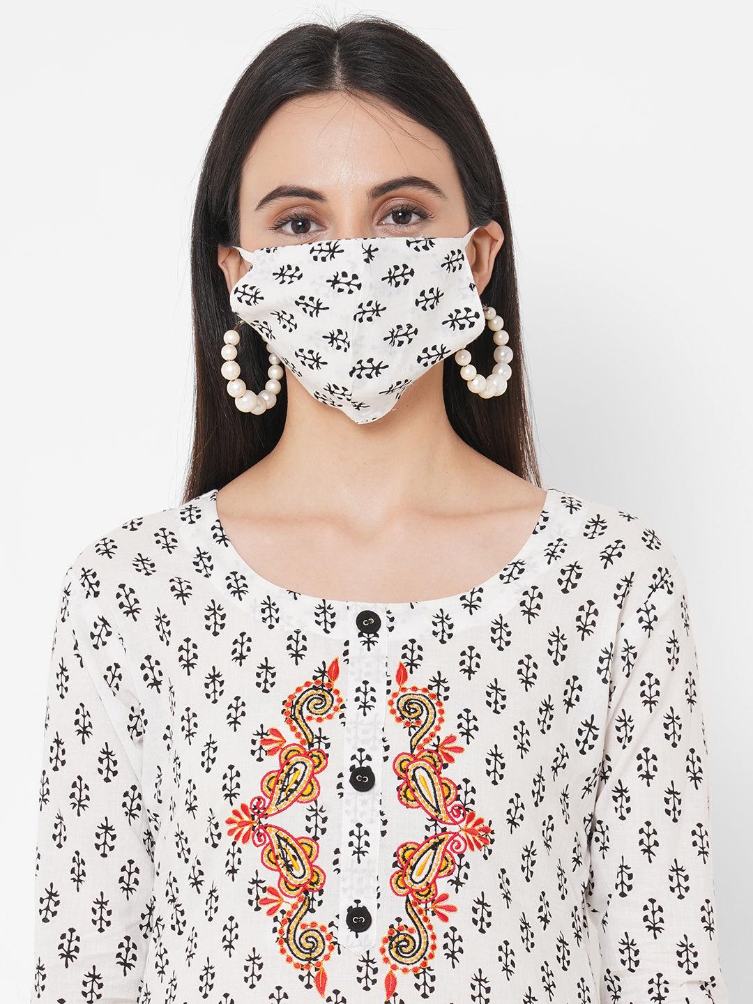 Ethnic Floral Printed Kurta, Striped Pant With Printed Dupatta & 2-Ply Mask - White - Indiakreations