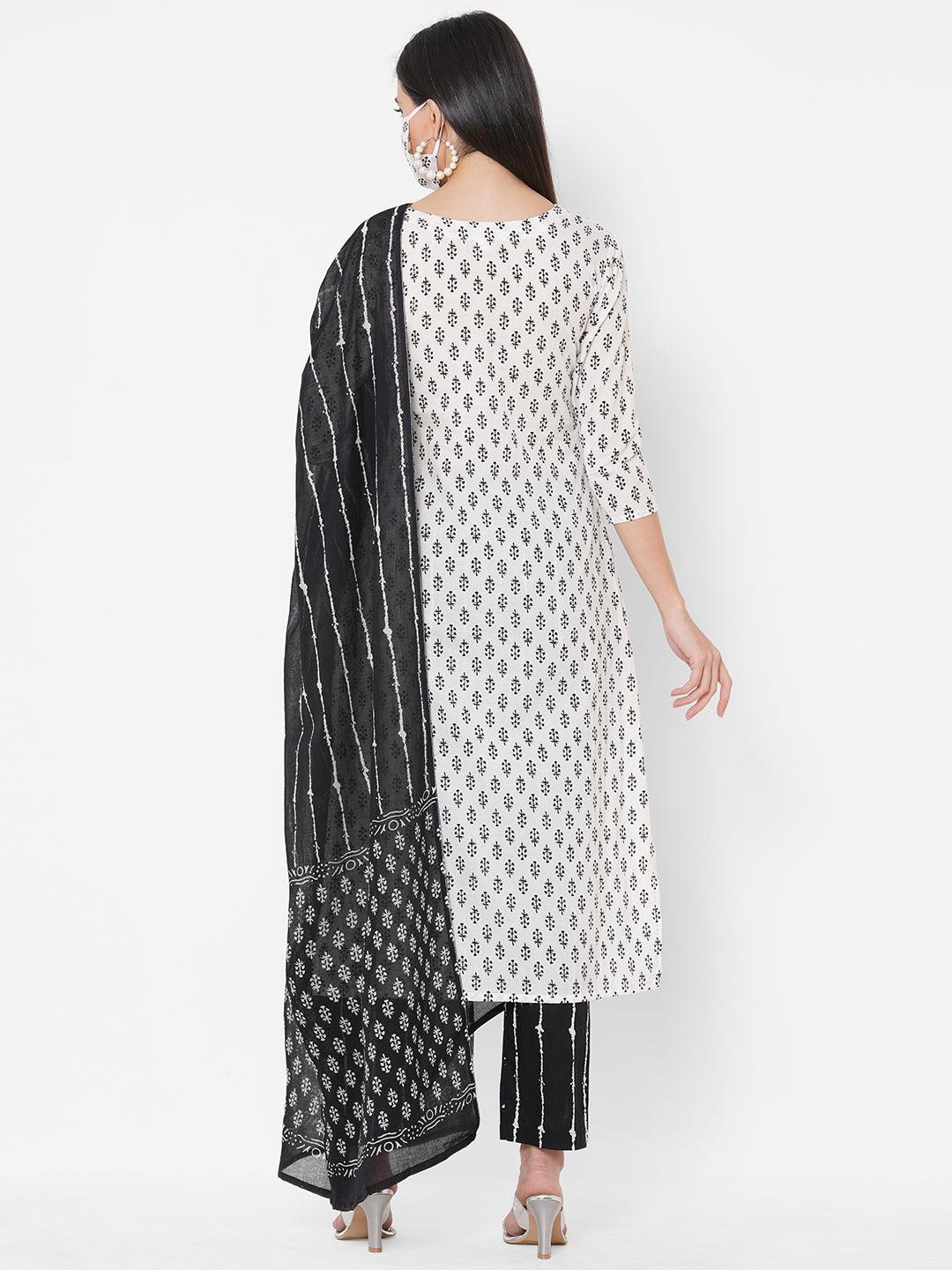 Ethnic Floral Printed Kurta, Striped Pant With Printed Dupatta & 2-Ply Mask - White - Indiakreations