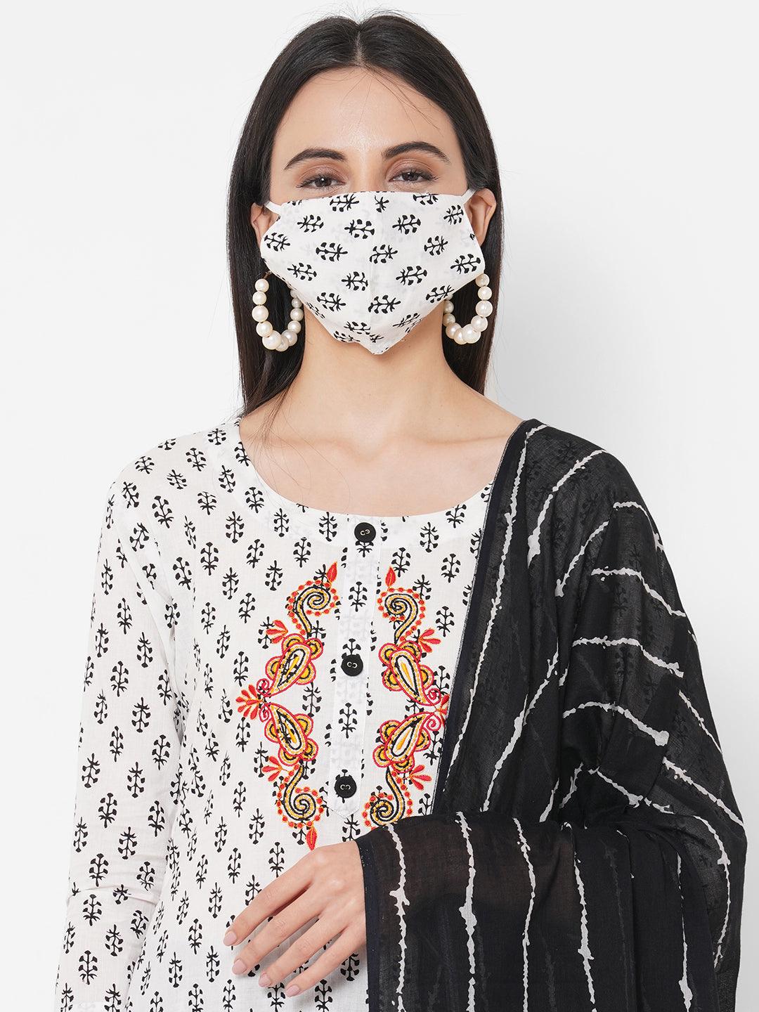 Ethnic Floral Printed Kurta, Striped Pant With Printed Dupatta & 2-Ply Mask - White - Indiakreations