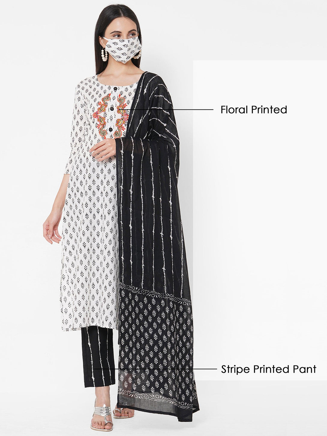 Ethnic Floral Printed Kurta, Striped Pant With Printed Dupatta & 2-Ply Mask - White - Indiakreations