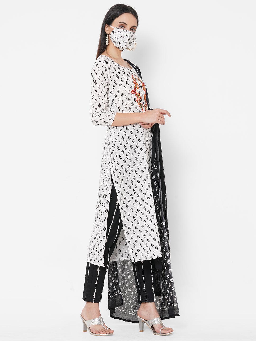 Ethnic Floral Printed Kurta, Striped Pant With Printed Dupatta & 2-Ply Mask - White - Indiakreations