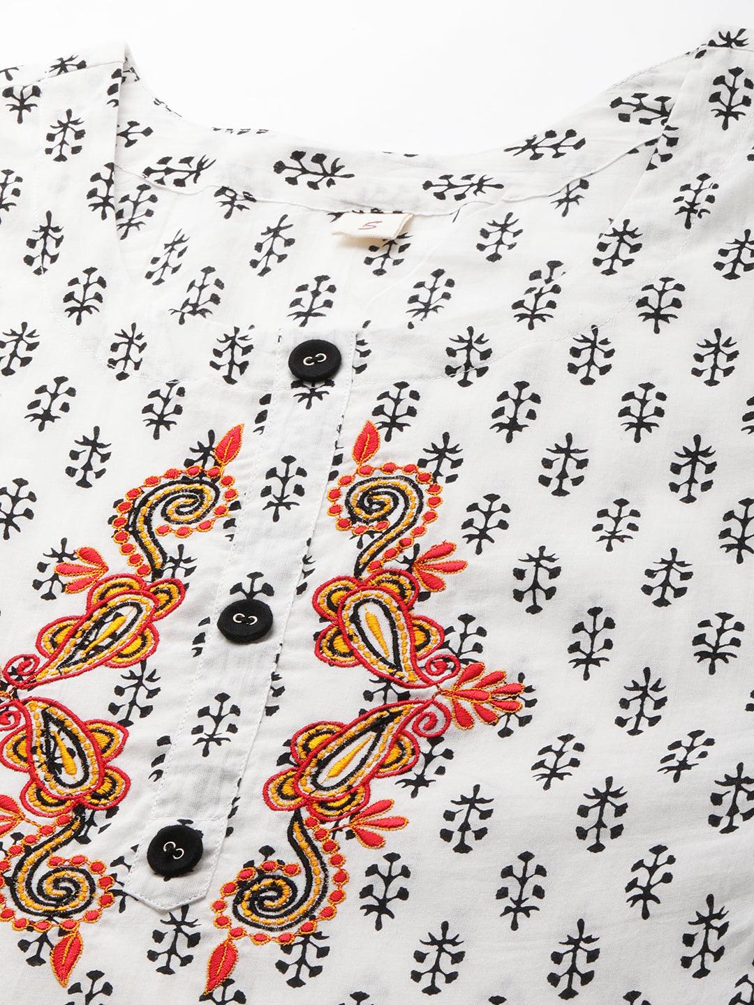 Ethnic Floral Printed Kurta, Striped Pant With Printed Dupatta & 2-Ply Mask - White - Indiakreations