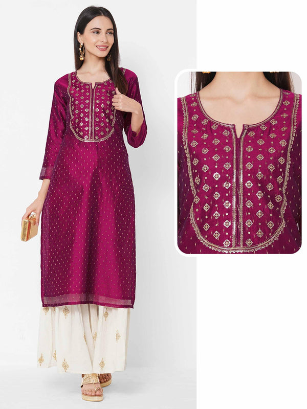 Ethnic Sequin Embellished Straight Kurta - Magenta - Indiakreations