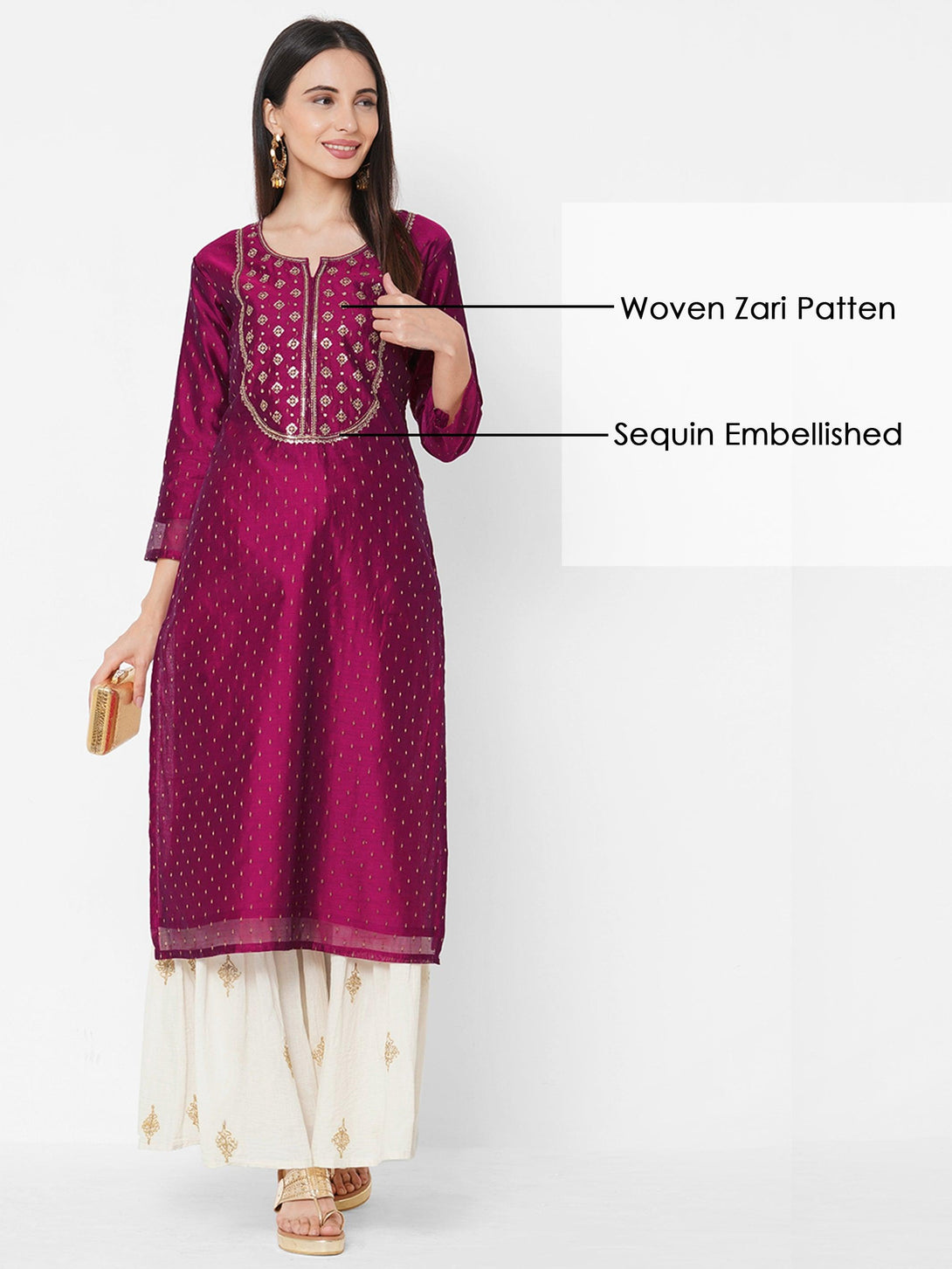 Ethnic Sequin Embellished Straight Kurta - Magenta - Indiakreations