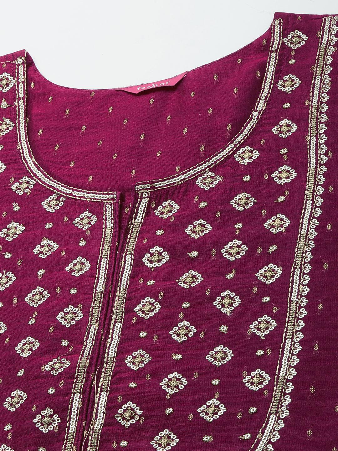 Ethnic Sequin Embellished Straight Kurta - Magenta - Indiakreations