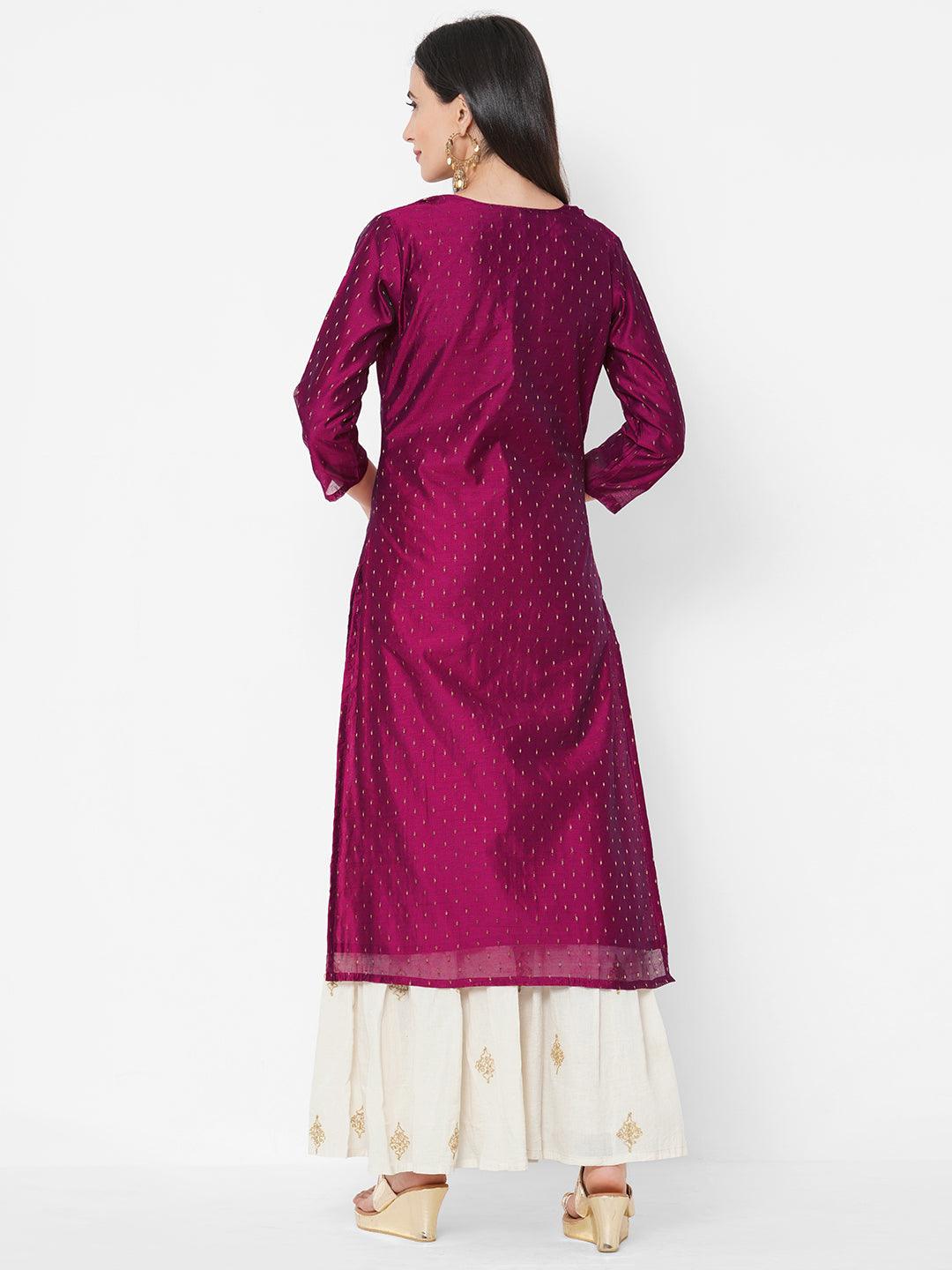 Ethnic Sequin Embellished Straight Kurta - Magenta - Indiakreations