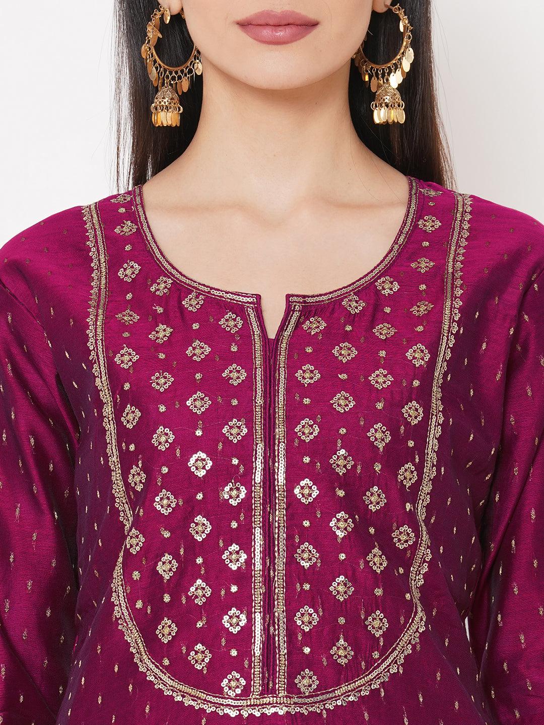 Ethnic Sequin Embellished Straight Kurta - Magenta - Indiakreations