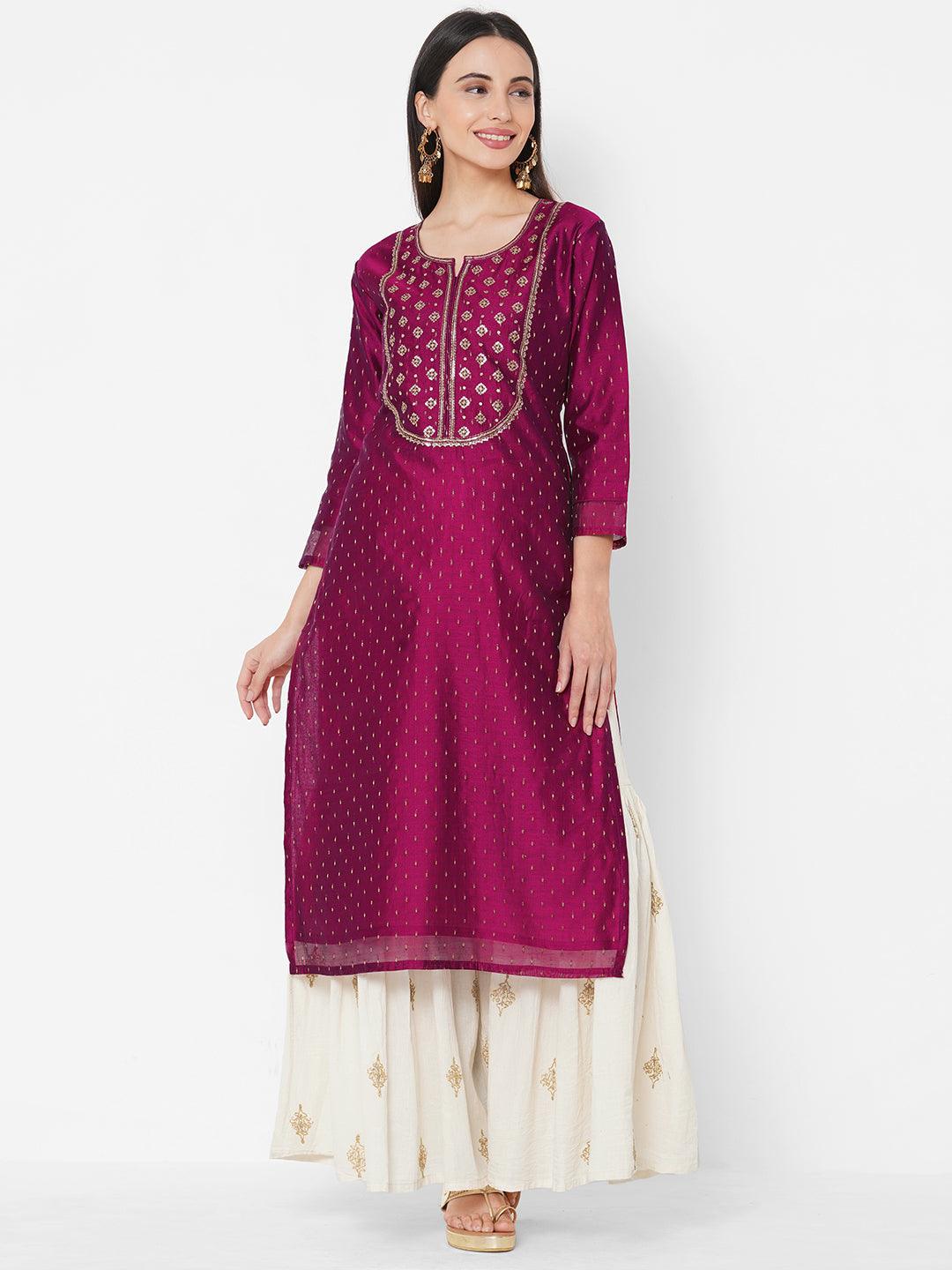 Ethnic Sequin Embellished Straight Kurta - Magenta - Indiakreations