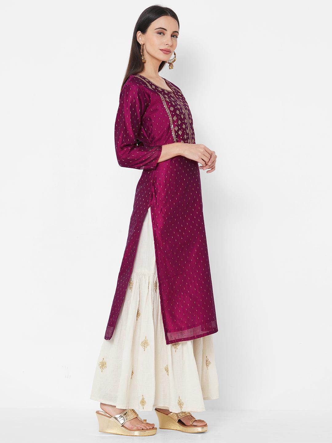 Ethnic Sequin Embellished Straight Kurta - Magenta - Indiakreations