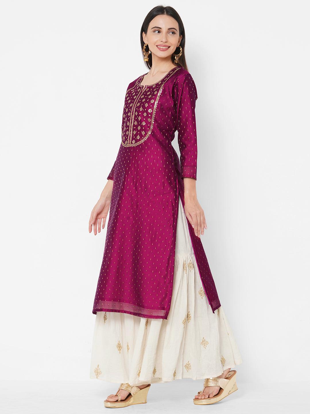 Ethnic Sequin Embellished Straight Kurta - Magenta - Indiakreations