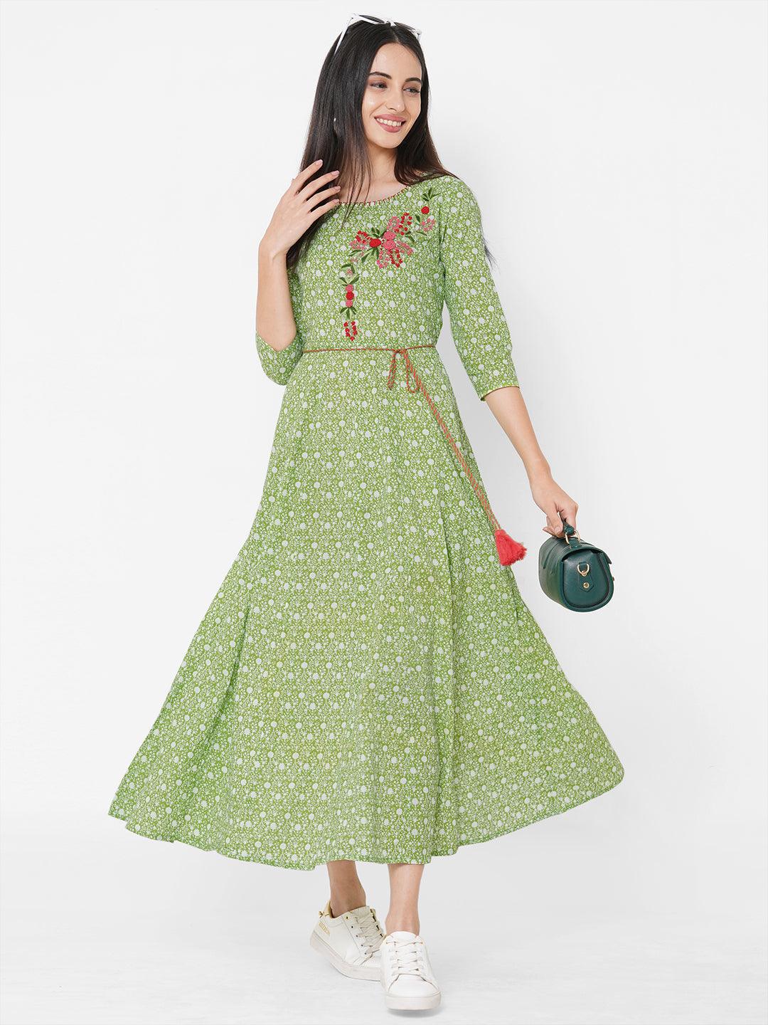 Floral Dense Printed & Embroidered Maxi - Green - Indiakreations