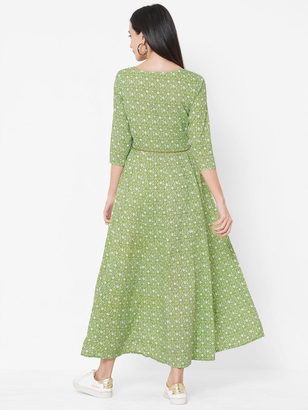 Floral Dense Printed & Embroidered Maxi - Green - Indiakreations