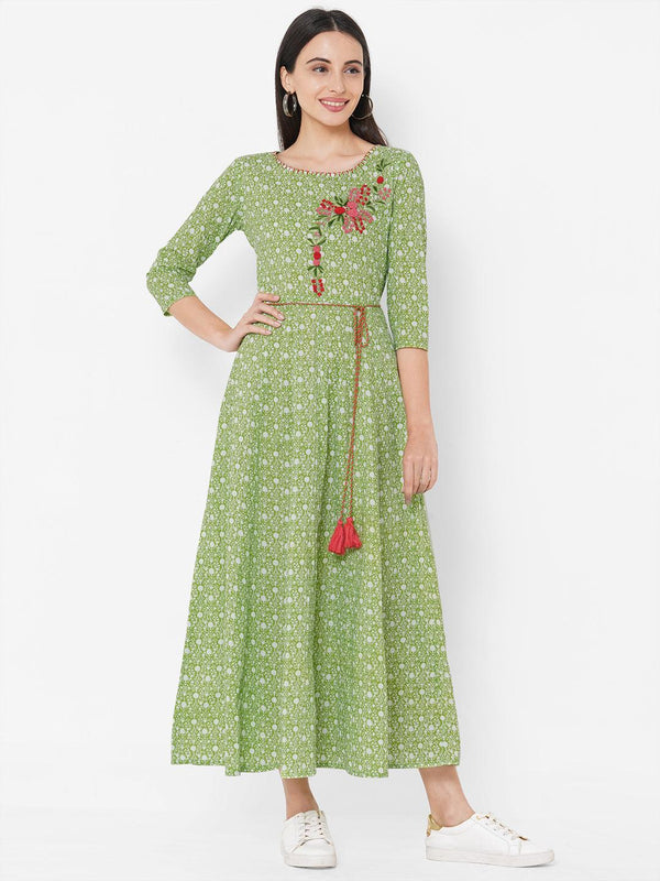 Floral Dense Printed & Embroidered Maxi - Green - Indiakreations