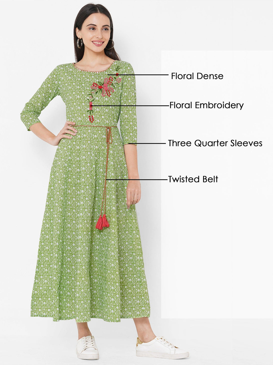 Floral Dense Printed & Embroidered Maxi - Green - Indiakreations