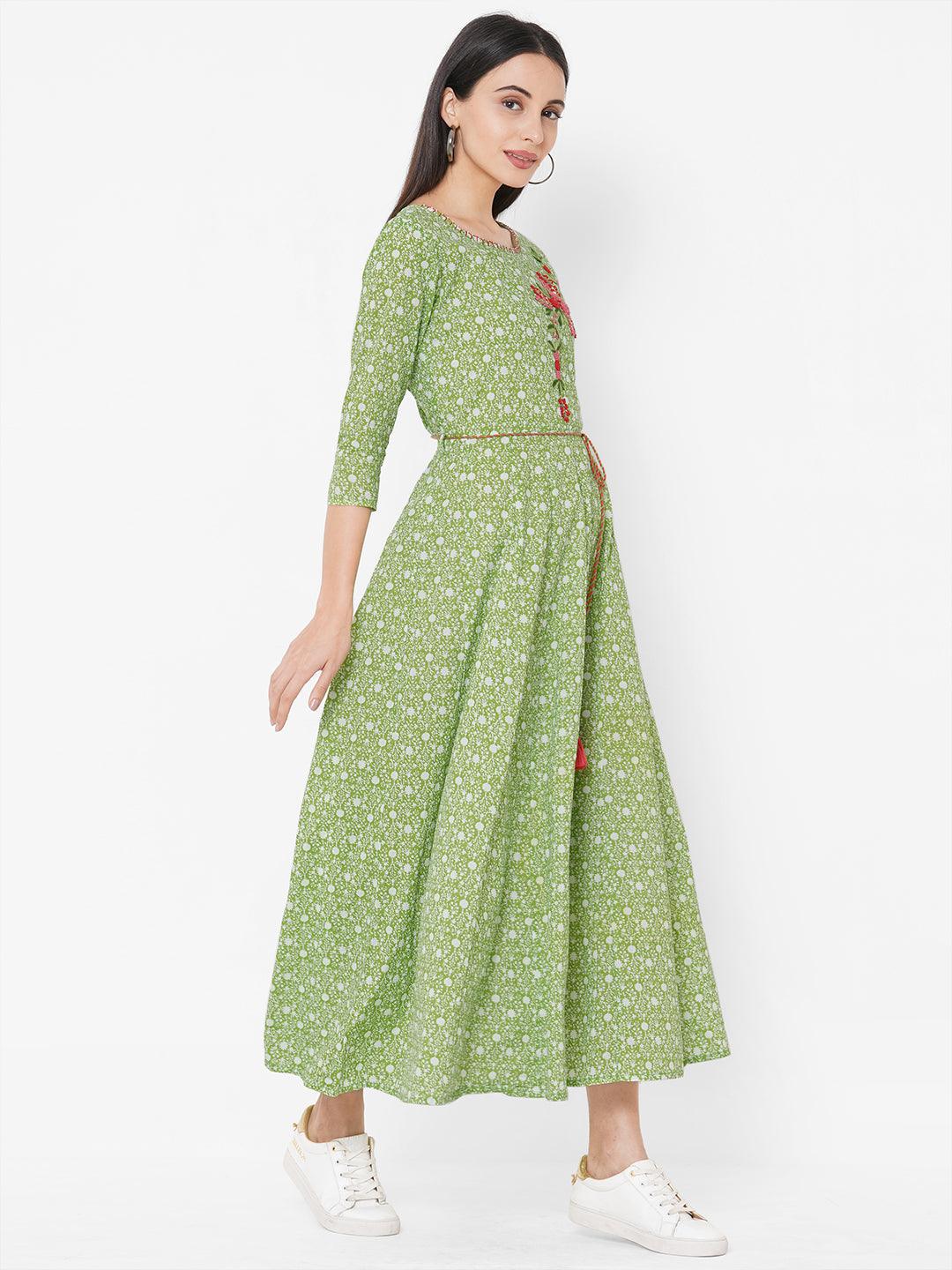 Floral Dense Printed & Embroidered Maxi - Green - Indiakreations