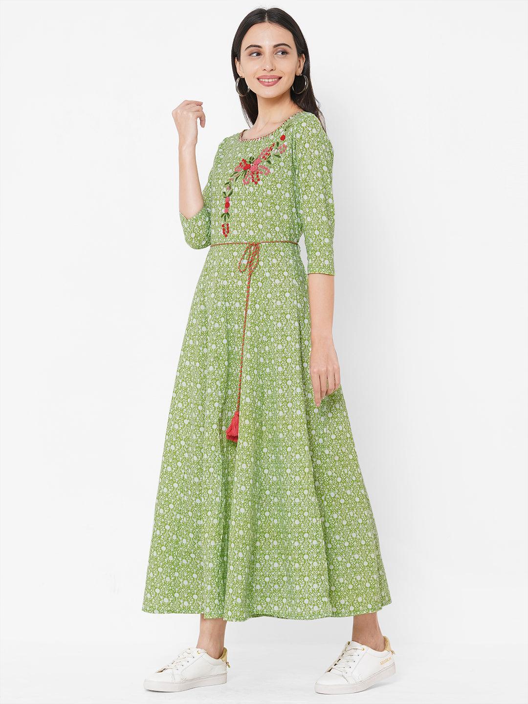 Floral Dense Printed & Embroidered Maxi - Green - Indiakreations