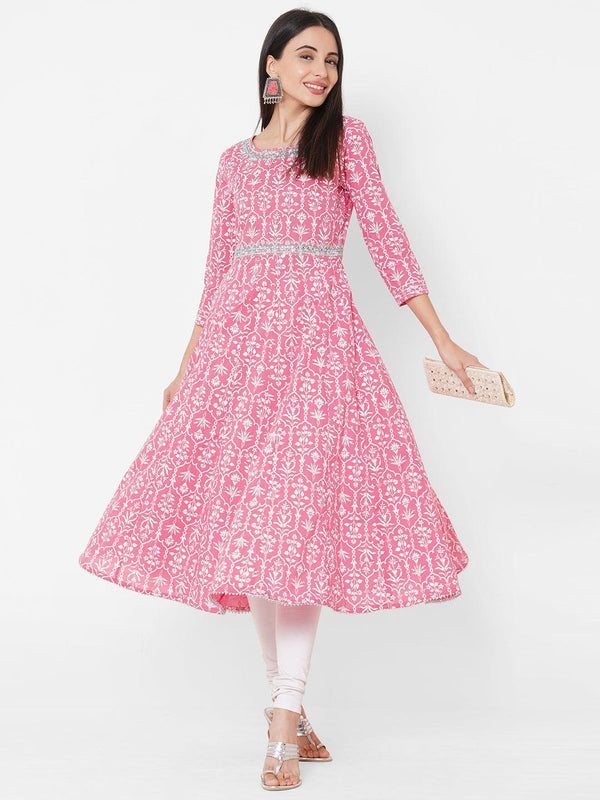 Ethnic Khari Printed & Hand Embroidered Flared Kurta – Pink - Indiakreations