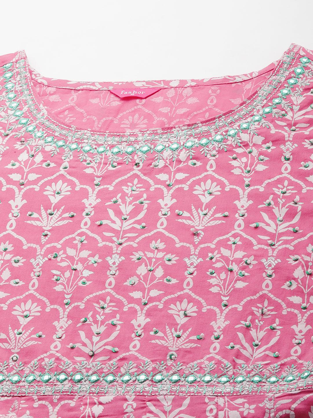 Ethnic Khari Printed & Hand Embroidered Flared Kurta – Pink - Indiakreations