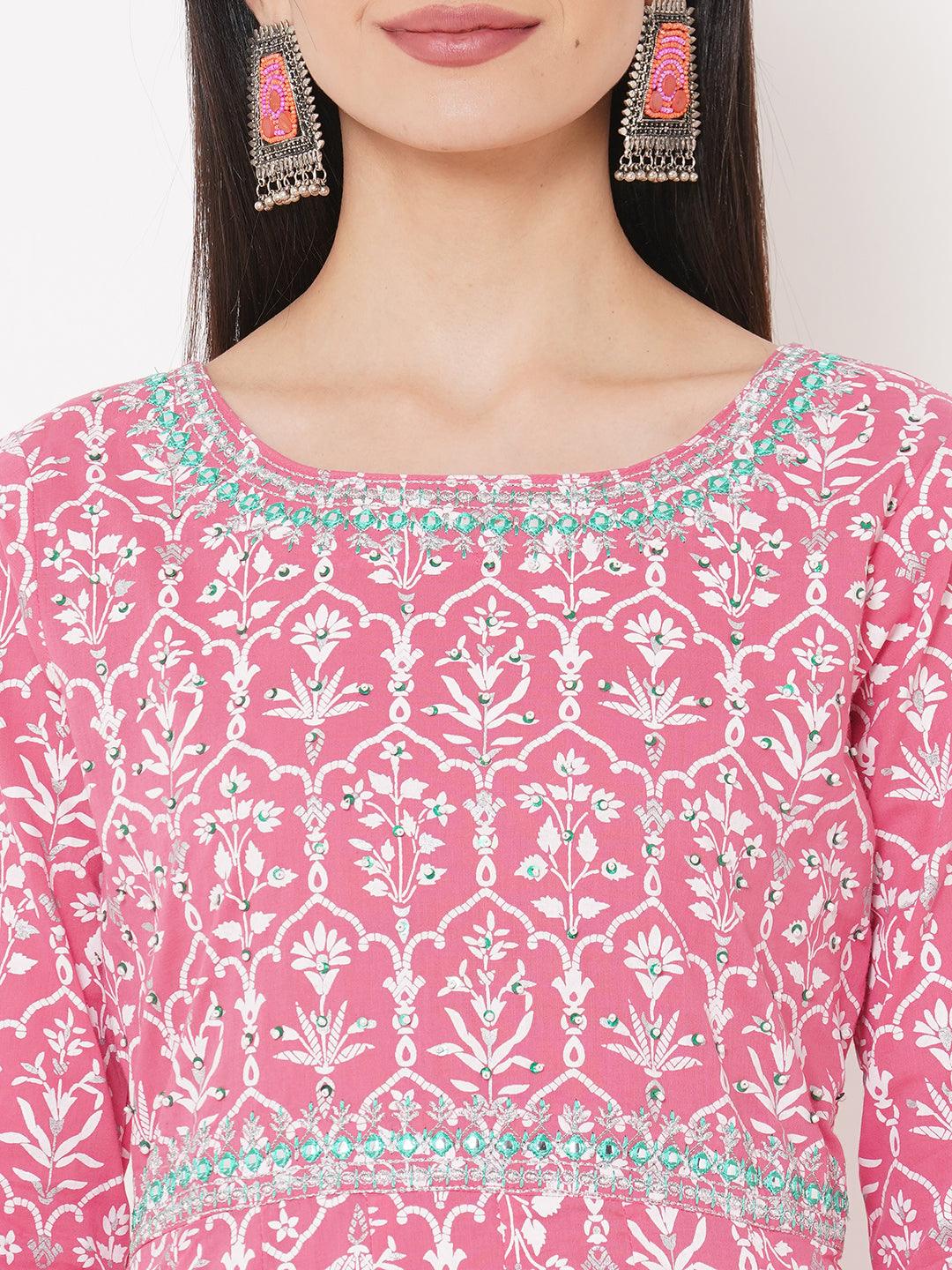 Ethnic Khari Printed & Hand Embroidered Flared Kurta – Pink - Indiakreations