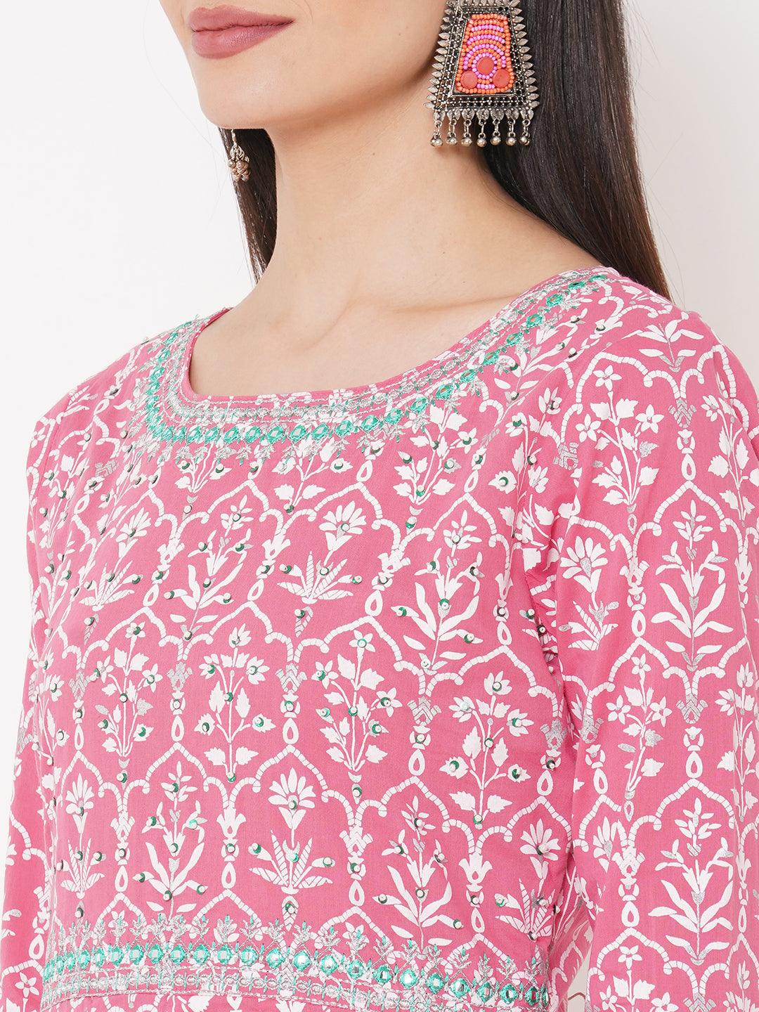 Ethnic Khari Printed & Hand Embroidered Flared Kurta – Pink - Indiakreations