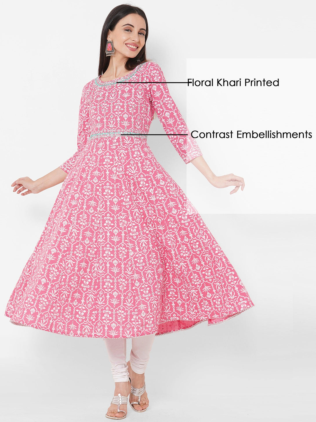 Ethnic Khari Printed & Hand Embroidered Flared Kurta – Pink - Indiakreations