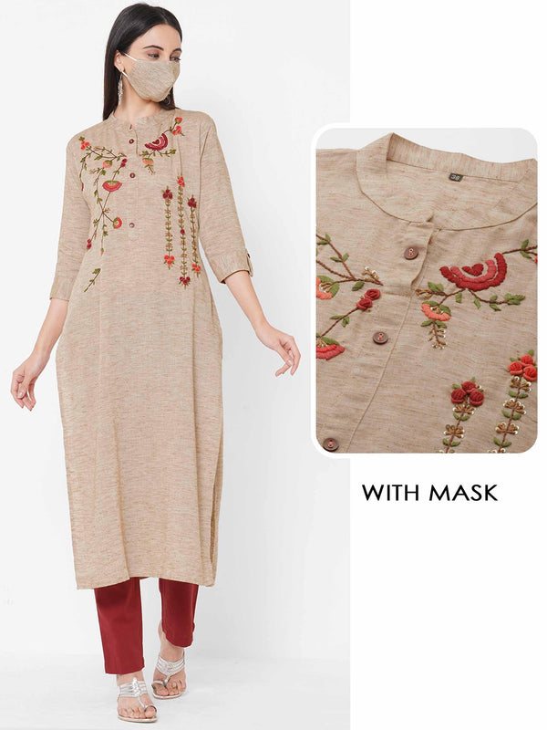 Floral Embroidered straight Kurta with 2-Ply Mask - Beige - Indiakreations