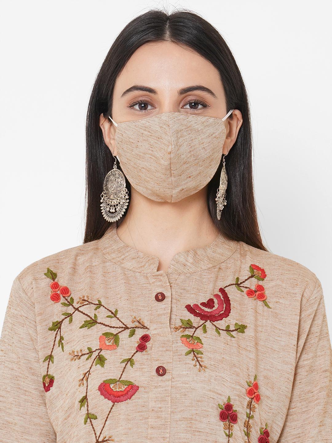 Floral Embroidered straight Kurta with 2-Ply Mask - Beige - Indiakreations