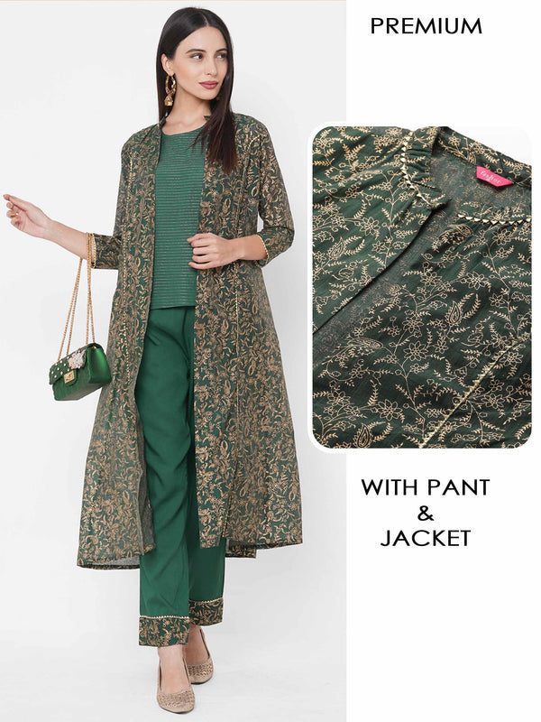 Striped Top with Solid Ankle Pant with Dense Foil Printed Jacket – Bottle Green - Indiakreations