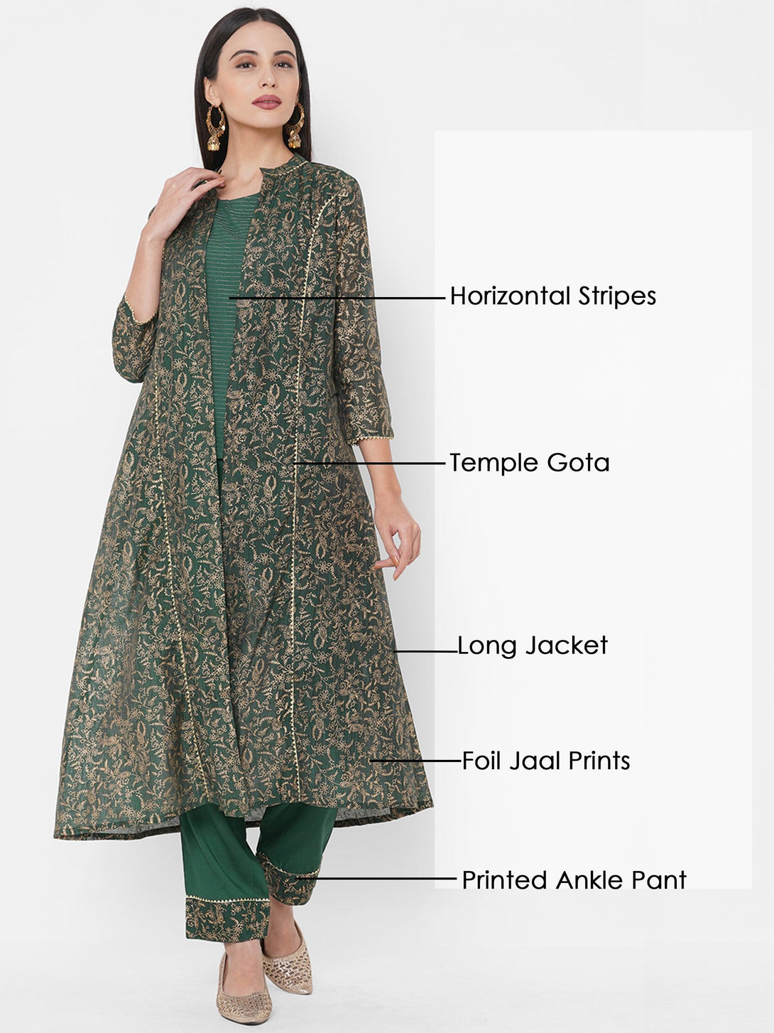 Striped Top with Solid Ankle Pant with Dense Foil Printed Jacket – Bottle Green - Indiakreations