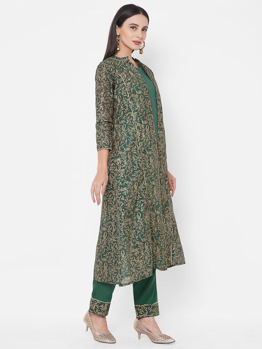 Striped Top with Solid Ankle Pant with Dense Foil Printed Jacket – Bottle Green - Indiakreations