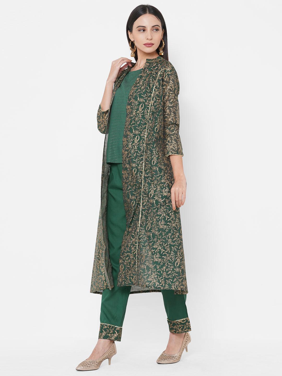 Striped Top with Solid Ankle Pant with Dense Foil Printed Jacket – Bottle Green - Indiakreations