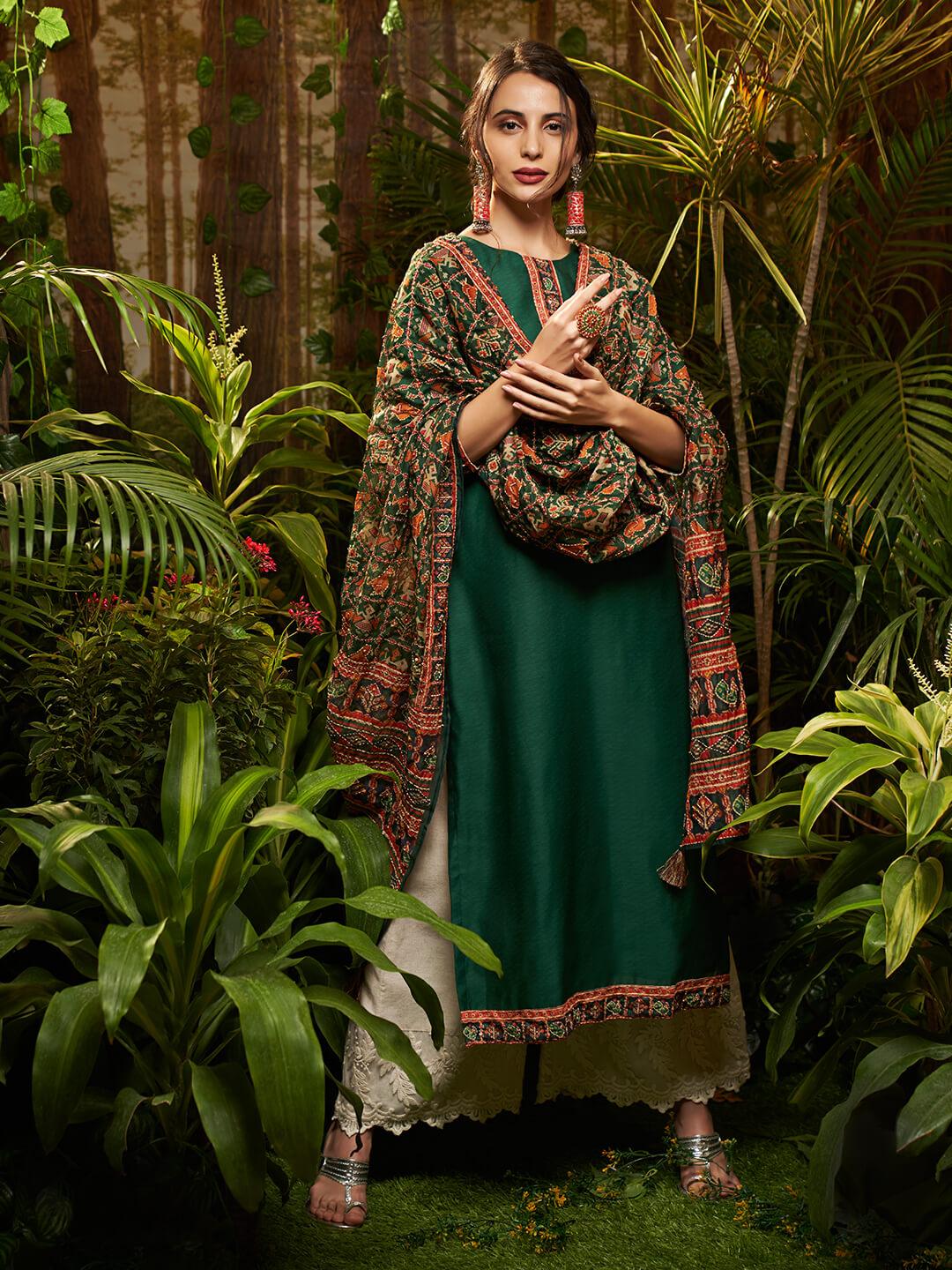 Kantha Embroidered Kurta with printed & Kantha embroidered dupatta - Green - Indiakreations