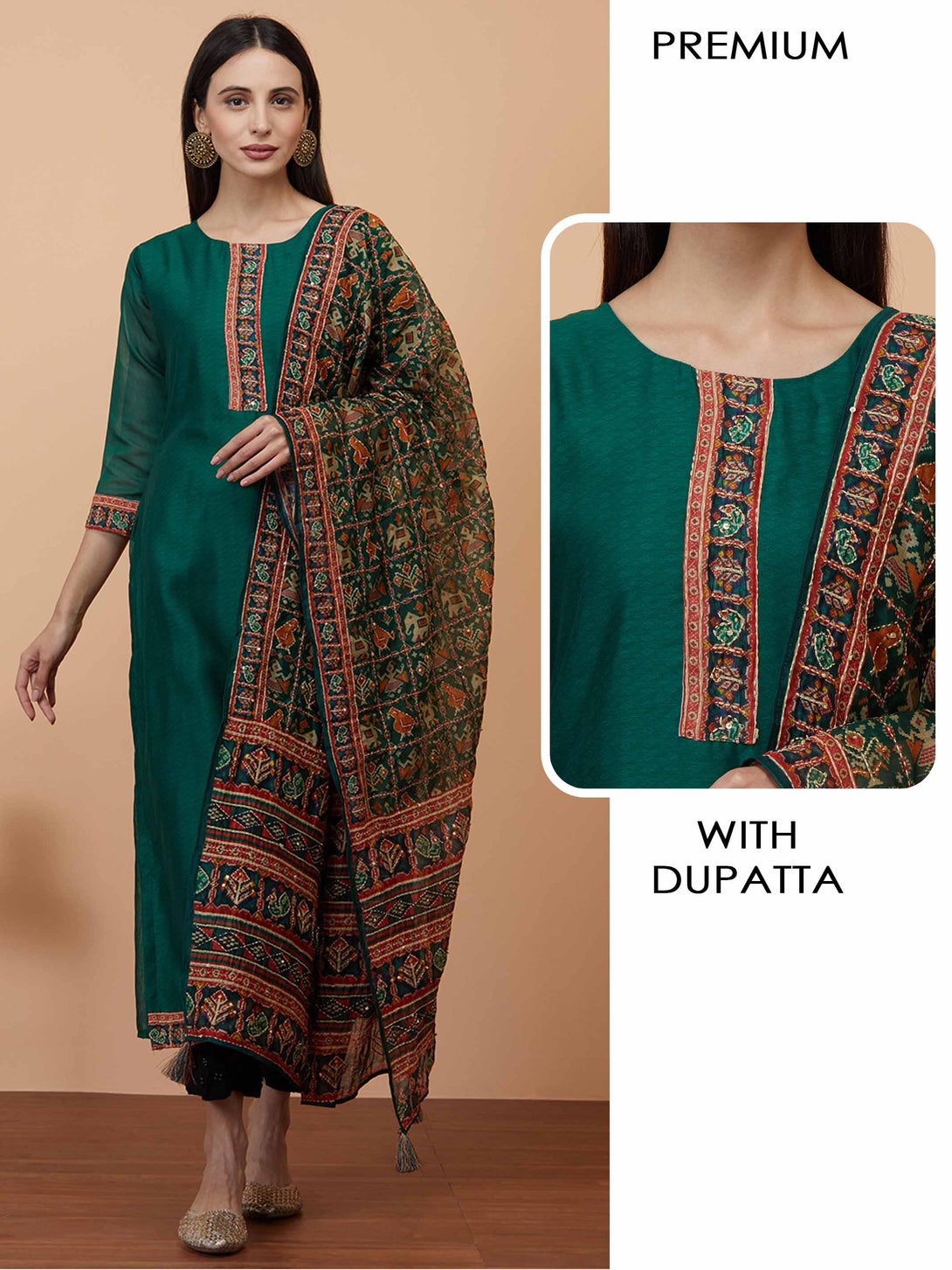 Kantha Embroidered Kurta with printed & Kantha embroidered dupatta - Green - Indiakreations