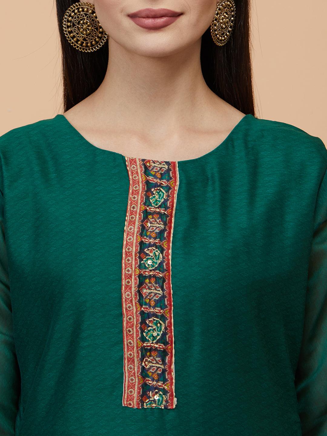 Kantha Embroidered Kurta with printed & Kantha embroidered dupatta - Green - Indiakreations