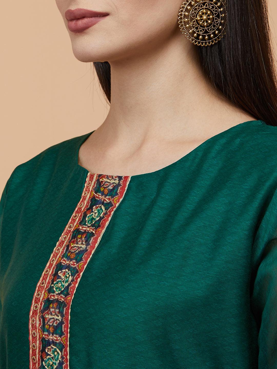 Kantha Embroidered Kurta with printed & Kantha embroidered dupatta - Green - Indiakreations