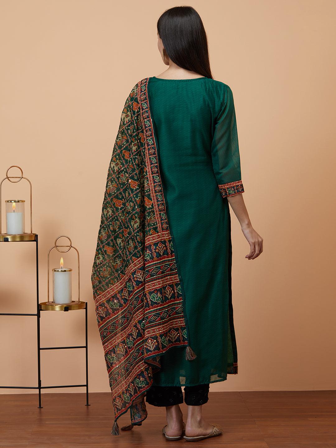 Kantha Embroidered Kurta with printed & Kantha embroidered dupatta - Green - Indiakreations