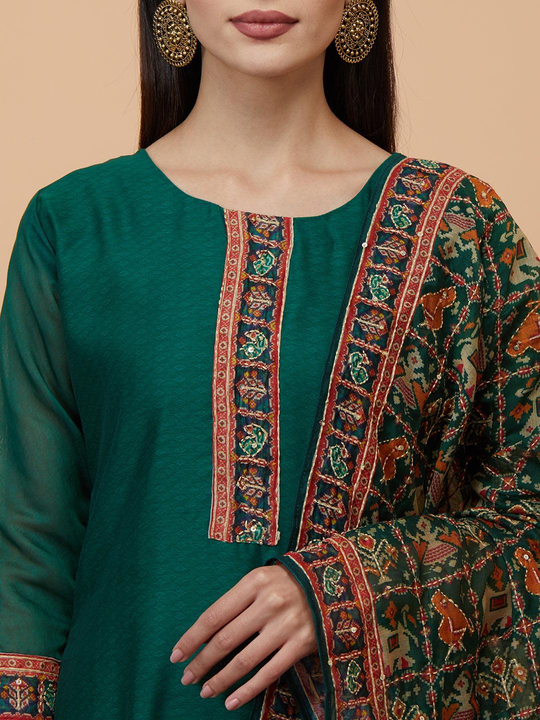 Kantha Embroidered Kurta with printed & Kantha embroidered dupatta - Green - Indiakreations